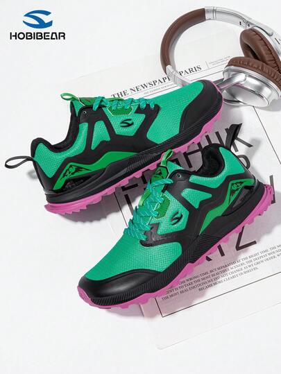 HOBIBEAR 1 Pair Color Block Lace-Up Casual Sports Shoes For Women, Fashionable Breathable Outdoor Fitness Shoes, Unisex Design Suitable For All Seasons, Hiking Shoes, Tennis Shoes