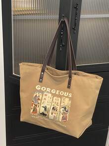 Dedoo Literary Retro Egyptian Style Printed Large-Capacity Canvas Tote Bag, Women's Personalized And Inspirational Style Shoulder Bag, Suitable For Daily Commuting, Library Study, Citywalk, Going To School Or Short Trips - Brown - View 10