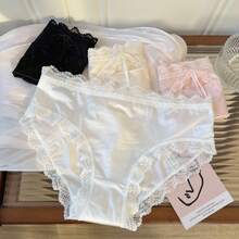 Sultry Moonlight* Sexy Satin Lace Panties For Women, Mid-Waist Hollowed-Out Pure Desire Breathable Cotton Crotch Triangle Briefs For Women - 杏色 - 查看 6