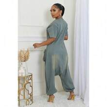 Comfortable And Fashionable Loose Big Crotch Jumpsuit Retro Personalized Fashion Big Pocket Denim Jumpsuit - màu xanh nhạt - Xem 7