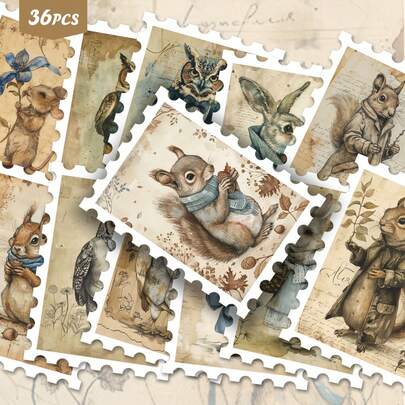 36pcs Artistic Retro Animal Illustration Stickers Pack | Stylish Vinyl Decals With Vintage Dressed-Up Frog & Hedgehog Graphics | For Phone, Luggage & Decor | For Fans & Warm Vibe Enthusiasts