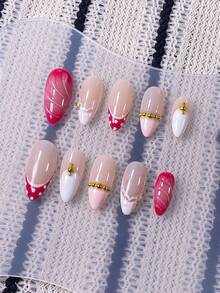 10片手工粉色杏仁形法式美甲贴纸。特色包括手绘粉色法式波点蕾丝边、白色水滴形图案、手工粉色渐变效果以及带有金属珠的3D水波纹装饰。优雅、浪漫、简约，这些美甲贴纸散发着精致、性感和奢华的气息。它们非常适合日常佩戴、约会、音乐会和轻度商务场合，是送给女士和女孩的完美礼物。 - 彩色 - 查看 6