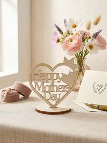 1pc Mother's Day Wooden Heart Crown Decor, With Hollow "Happy Mother's Day" English Text Design, Modern Minimalist Decor For Holiday Celebration, Suitable As Mother's Day Gift And Home Tabletop Decoration - one-size - View 5