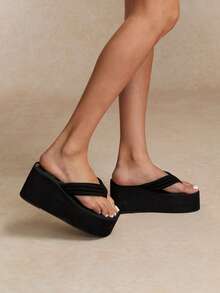 Tropiscape Women's Black Slip-On Sandals With Tpr Sole, Non-Slip, Wear-Resistant, Leisure, Beach, Summer, With Fabric Straps And Wedge Heels - Black - View 3