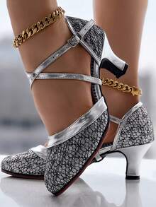 Women's Pointed Toe Soft Bottom Mid-Heel Metal Criss-Cross Ankle Strap Latin Dance Shoes - Silver - View 6