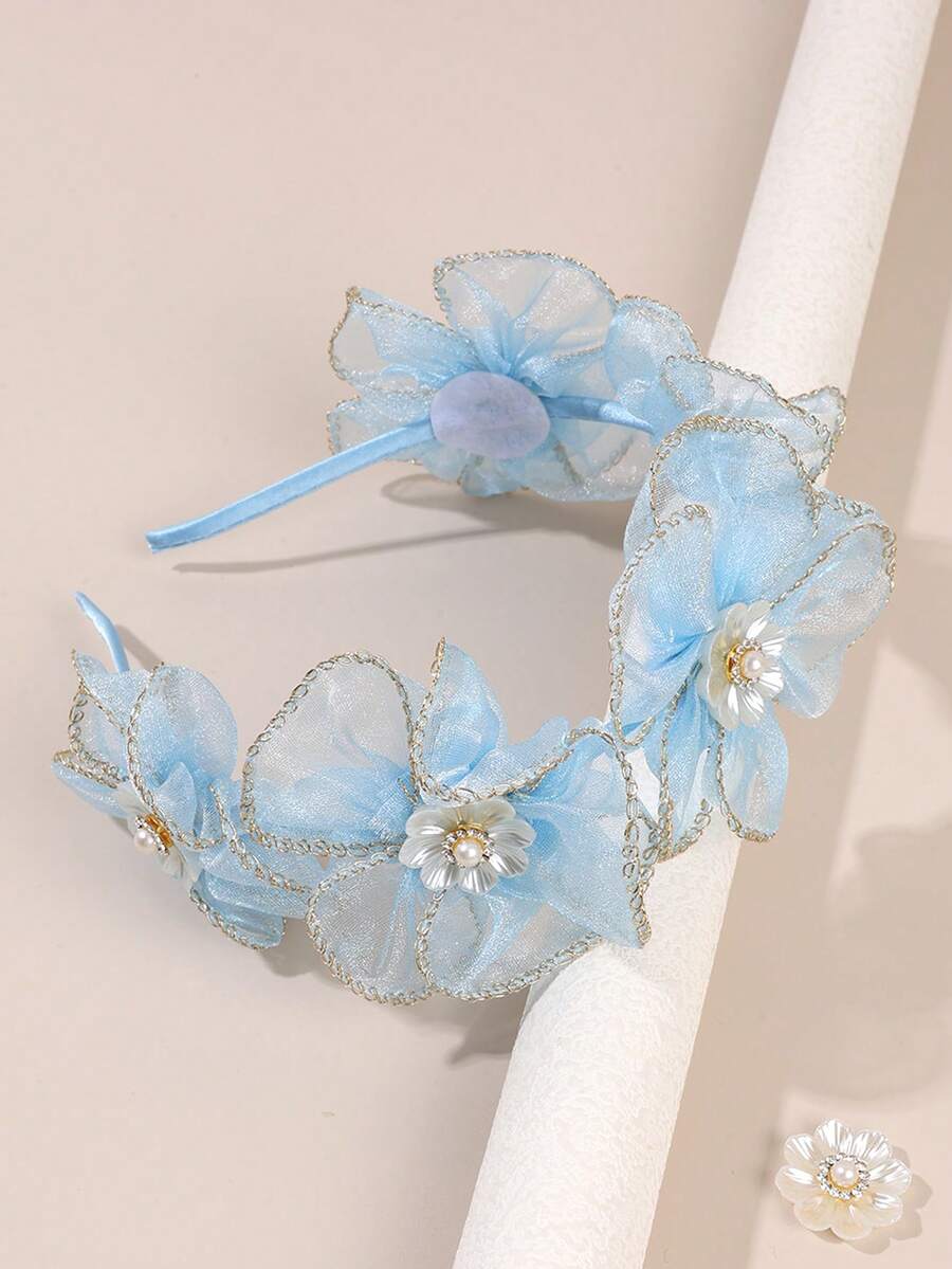 1pc Blue Girls' Mesh Headband With Shiny Floral Pearl Decor, Elegant Hair Accessory For Daily, Party, Gift, Holiday, Wedding, Suitable For Teenagers - Blue - View 1