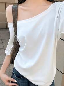 女士露肩白色短袖T恤，高弹力常规涤纶休闲/办公上衣 - 白色 - 查看 2
