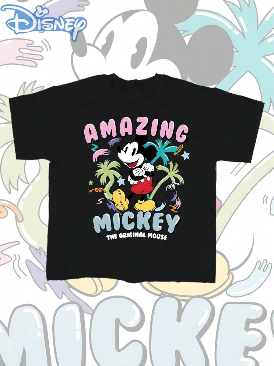 Disney Mickey Mouse Summer Surfing Men's T-Shirt, Distressed Finish, One-Piece Design, Pure Cotton Fabric, Comfortable And Breathable, Casual Outdoor Street Style, Round Neck; A High-Quality Fashion Brand, It's The Ideal Surprise Gift For Family And Friends. - 黑色 - 查看 1