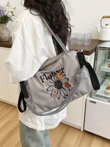 新款休閒單肩斜跨包 大容量百搭尼龍刺繡花卉圖案戶外運動包 女款單肩托特包 - 彩色 - 查看 14