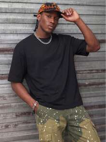 Camvyn Men's Casual Fashionable Street Printed Drop Shoulder Loose Breathable Short Sleeve T-Shirt, Summer - Black - View 2