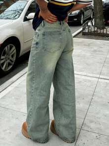 MYOURSA Y2K宽松阔腿牛仔裤高腰水洗做旧复古街头风学院休闲穿搭女装度假春季 - 中等水洗藍 - 查看 2