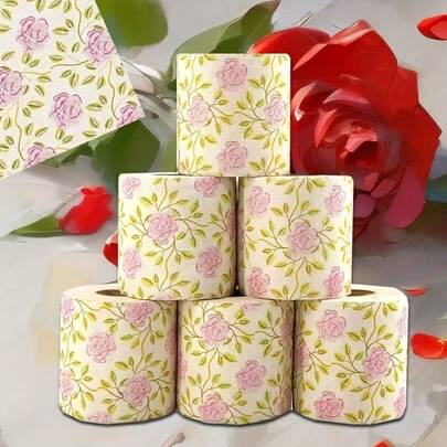 1 Roll Rose Pattern Decorative Toilet Paper, Holiday Handkerchief Paper, Suitable For Home, Office, Bathroom, Travel, Creative European Style Toilet Paper, Rose Pattern Bamboo Pulp Toilet Paper Roll