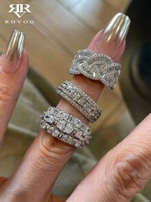 3pcs Set Of Super Fashionable European And American Style Synthetic Zirconia Luxury Elegant Suitable For Party, Wedding, Holiday, High-End Unique Elegant Women's Open Copper Ring Set - Silver - View 2