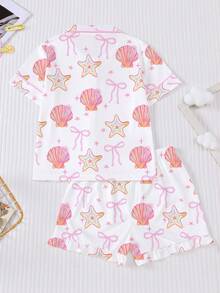 2pcs/Set Kids Colorful Seashell & Starfish Print Pajamas, Short Sleeve Shirt And Ruffle Hem Shorts Set, Ocean Theme Print With Gradient Seashell Rainbow Pattern, Suitable For Children And Teens Daily Wear, Vacation And Loungewear - White - View 2