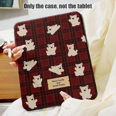 1pc Plaid Background Cute Cartoon Puppy Pattern Flip Cover Desk Protector Case With 360° Rotating Stand And Pen Slot, PU Leather Auto Sleep/Wake Function, Suitable For Samsung A9/A9+/S9/S9FE/A11/A11+/S11/S10 FE/S10 FE+/S10 Lite, Air 5/6, Honor, And Other Popular Models, Great Gift For Back To School, Valentine's Day, Holidays