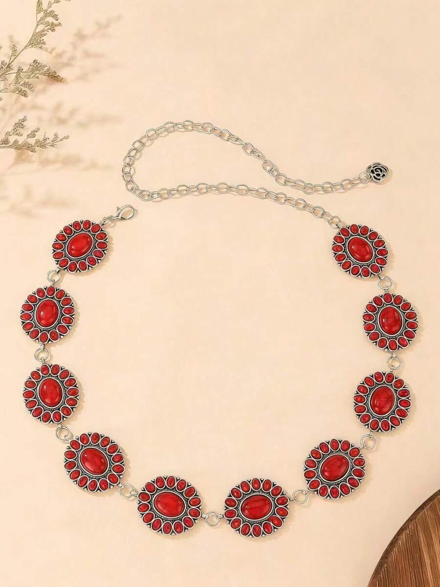 Silver Metal Alloy Women's Beltboho Belt - Red - View 1