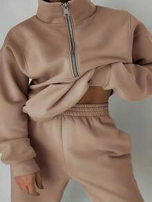 Women's Oversized Half Zip 2 Piece Tracksuit, High Neck Loose Fit Polar Fleece Sweatshirt & Wide Leg Pants Set, 2026 Early Spring New Arrival Cozy Loungewear, Casual Daily Light Outdoor Wear One Color Outfit     Vacation Outfits Women  (Local Warehouse Discounts.) | Two Piece Set Women | 2 Piece Sets Woman | Workout Sets Women | Women Two Piece Sets | Sets 2 Piece Women | Conjunto De Dos Piezas Mujer - màu nâu - Xem 1