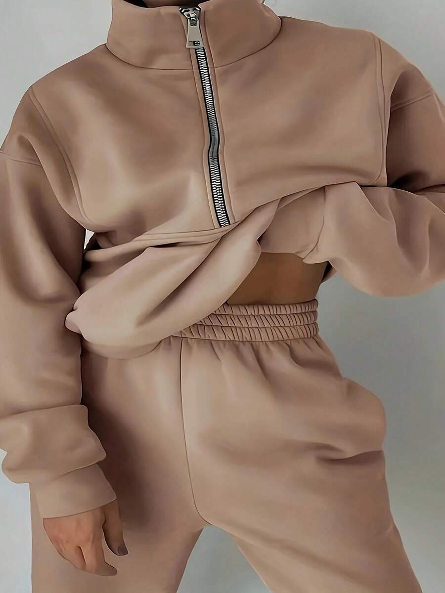 Women's Oversized Half Zip 2 Piece Tracksuit, High Neck Loose Fit Polar Fleece Sweatshirt & Wide Leg Pants Set, 2026 Early Spring New Arrival Cozy Loungewear, Casual Daily Light Outdoor Wear One Color Outfit Vacation Outfits Women (Local Warehouse Discounts.) | Two Piece Set Women | 2 Piece Sets Woman | Workout Sets Women | Women Two Piece Sets | Sets 2 Piece Women | Conjunto De Dos Piezas Mujer - màu nâu - Xem 1