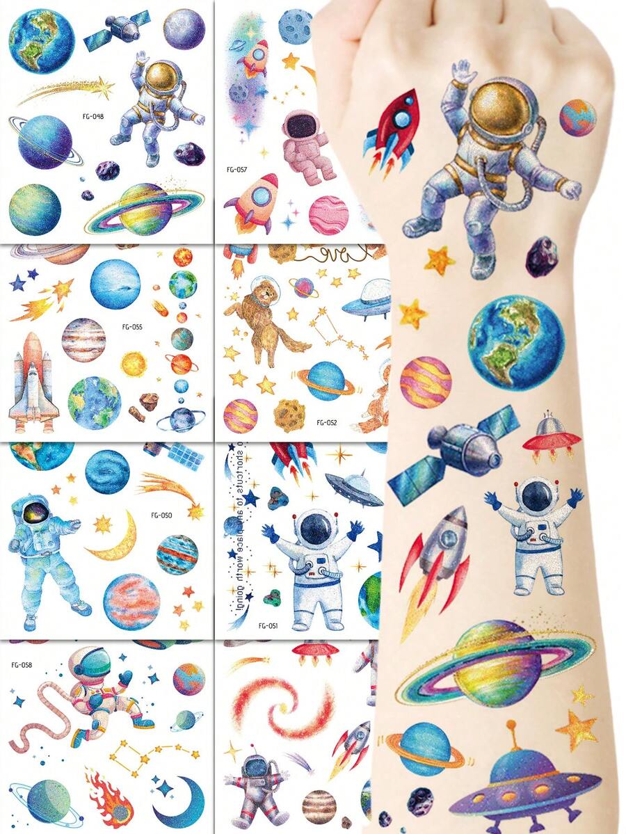 8Sheets Glitter Space Astronaut Star Temporary Tattoos, Colorful Waterproof Tattoo Stickers Body Art, Outer Space Party Favors Birthday Makeup, Fake Star Sun Moon Tattoo Stickers, Party Favors Decor, Multi-Colored Fake Tattoos For Birthday Party Decoration