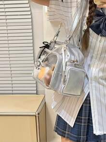 日系原宿风 Ltabag 大容量可爱保龄球包，带徽章元素，多功能手提包、单肩包、背包，女学生适用 - 銀色 - 查看 9
