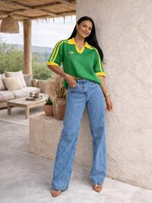 Women's Brazilian Openwork Knit Shirt With Retro Style Polo Neck - Green - Yellow - View 3