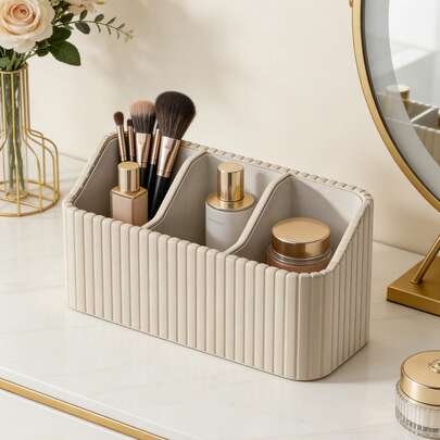 Luxury PU Leather Storage Box | Cream White + Gold Plated | Vanity Organizer With 3 Compartments For Makeup Brushes | Desktop Skincare And Cosmetics Organization Essential