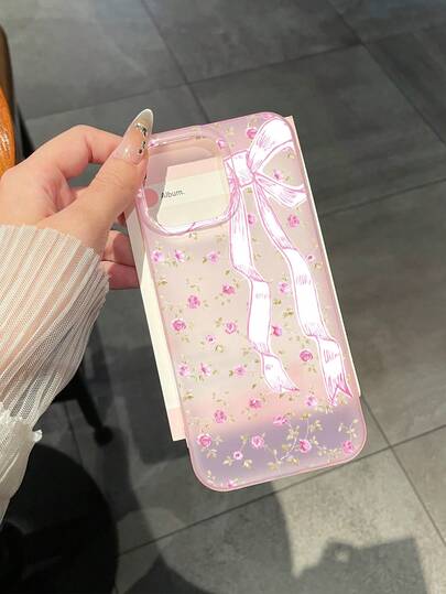 1pc Pink Rose & Big Bow Print Semi-Transparent Matte Anti-Fall Anti-Scratch Anti-Slip Phone Case, Compatible With IPhone 11/12/13/14/15/16/16 Plus/16 Pro/16 Pro Max/17/17 Pro/17 Pro Max, Suitable For Mothers, Mother's Day, Birthday, Girly Fans, Bow Aesthetics, Daily Use, Gifts For Mom, Mother's Day Gifts