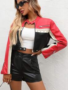 Women's Faux Leather Jacket With Rivets, Motorcycle Biker Style Y2K Bomber Jacket - Red and Black - View 6