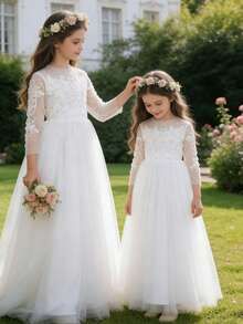 Girls' Floral Embroidered Bowknot Long Sleeve Mesh Formal Dress, Suitable For Flower Girl, Wedding, Festival, Prom, Spring/Summer - White - View 4