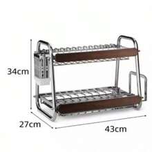 Luxury 2-Tier Dish Drainer Organizer, Stainless Steel With Wood Details, 43x27x34 Cm - 查看 6