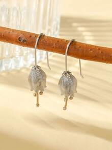 1对新款中国风禅意花苞吊坠耳环，手工银质植物长耳环，优雅日常佩戴饰品，铜质材质，防过敏，不褪色 - 銀色 - 查看 2