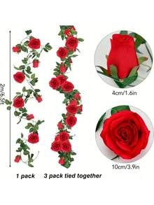 MEHELANY Bộ 2 vòng hoa hồng lụa nhân tạo màu đỏ dài 1,8m (6,5ft), thích hợp trang trí Giáng sinh, Ngày Valentine, quà tặng Ngày của Mẹ, trang trí đám cưới, trang trí tủ, trang trí tường trong nhà, trang trí bàn làm việc, trang trí phòng, trang trí lan can cầu thang. - Đỏ - Xem 3