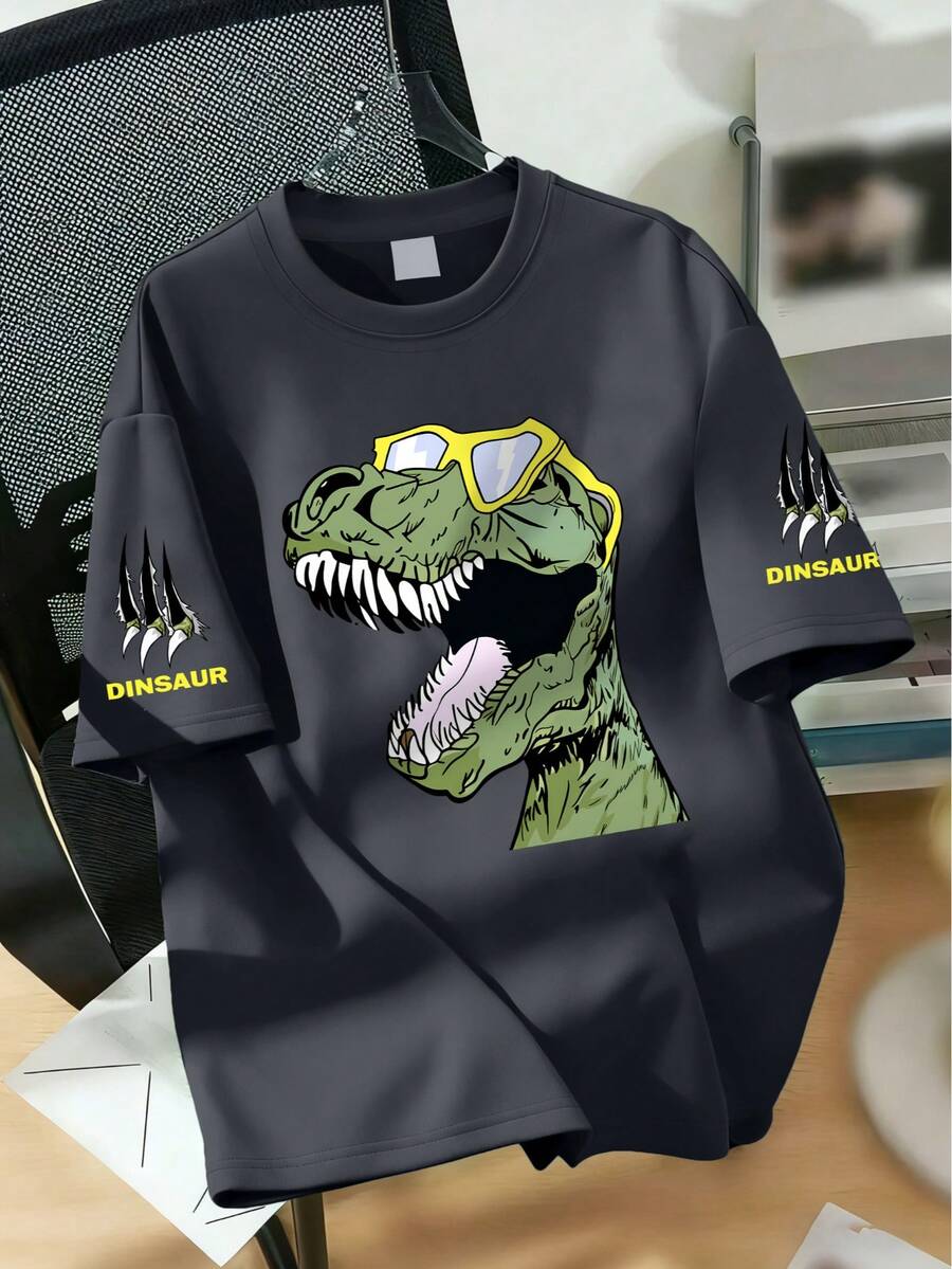 1件男童圓領恐龍「DINSAUR」爪印寬鬆版型T恤,柔軟舒適面料,適合春夏日常穿著 - 深灰色 - 查看 1