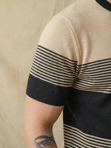 Men's Striped Casual Crew Neck Short Sleeve Knit Top - Black - View 5