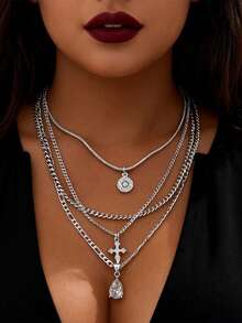 4pcs/Set New Fashion Versatile Zirconia Cross Necklace, Multi-Layer Necklace Suitable For Daily Wear, Party, Holiday Gift - Necklace Set - View 2