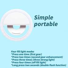 1个便携式圆形自拍补光灯，自拍环形灯，迷你夹式补光灯，LED自拍补光灯，手机自拍灯，适用于手机和电脑，可用于化妆、Zoom会议、直播、Vlog拍摄，完美自拍和视频通话，150mAh - 白光款 - 查看 8