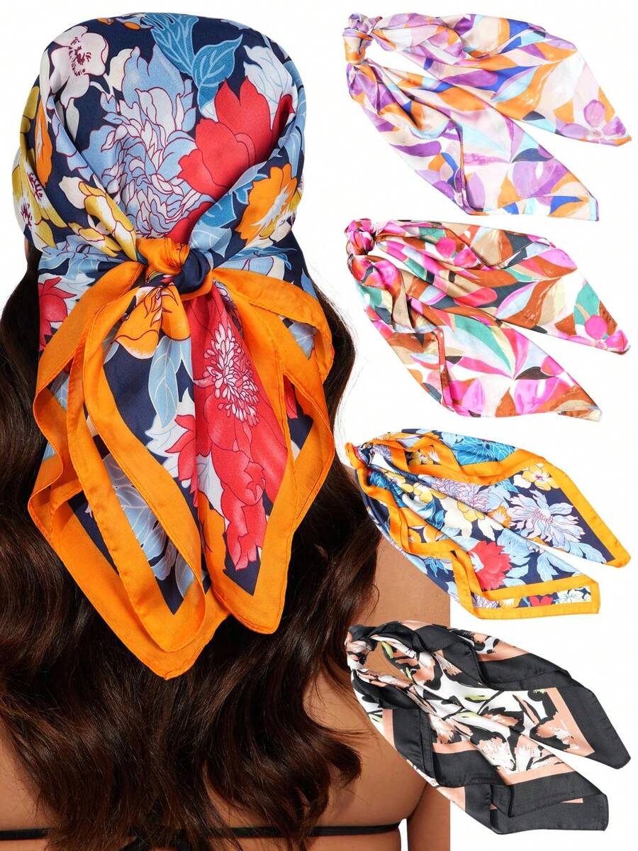 4pcs Satin Headscarf Headwrap Sleeping Headband - 27.5 Inch Satin Square Headscarf For Women - Multicolor - View 1