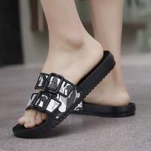 Men's Double Buckle One-Strap Slide Sandals, Flat Non-Slip Bathroom & Casual House Slippers, Summer - Black - View 2