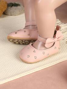1 par de zapatos planos de niña con diseño de lazo, corazón y flor, de punta redonda, versátiles para primavera y otoño - Rosa - Ver 3
