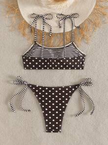 Bộ bikini chấm bi giản dị, dễ thương, hở lưng, thích hợp cho kỳ nghỉ biển. - màu nâu - Xem 2