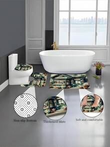 1/4pcs Green Floral Print Waterproof Bathroom Curtain Set, Includes Shower Curtain, Hooks, Anti-Slip Mat, U-Shaped Mat, Toilet Lid Cover, Thick Polyester Fabric, Prevents Water Accumulation - A - View 5
