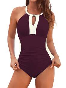 Women's Swimsuit Stylish Contrast Color Sleeveless Cross Back Tummy Control Bathing Suit For Beach Pool - Mauve Purple - View 7
