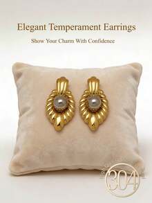 14K Gold Plated Stainless Steel Vintage Pearl Earrings, Suitable For Young Women, Fashionable Minimalist Gray Pearl Earrings, Thick Round Women's Earrings, Asymmetrical Hollow Geometric Earrings, Wedding Jewelry, Suitable For Casual Daily Wear - Gold - View 5
