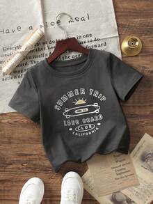 1 pieza Camiseta de manga corta de cuello redondo básica para niños pequeños/bebés con estampado de gráfico de dibujos animados, lema y letra, casual y de moda - Gris Oscuro - Ver 3