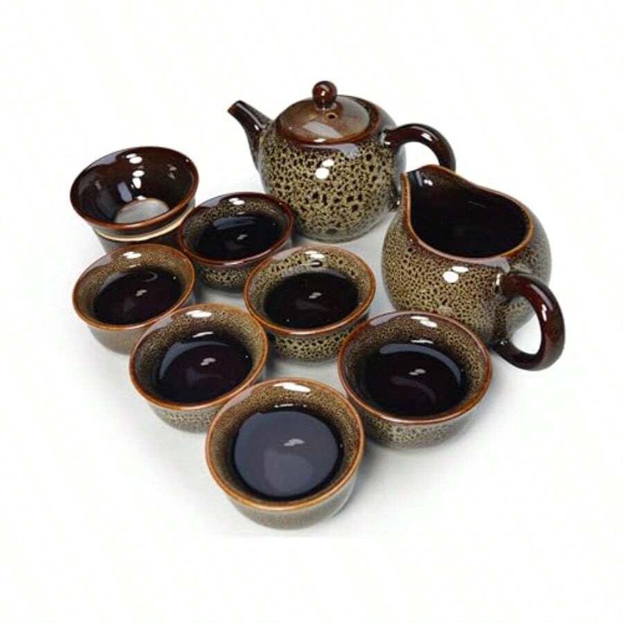 Juego de té de cerámica de esmalte de horno 9 piezas tetera de 10 onzas con filtro de taza Gongdao y 6 tazas pequeñas de cerámica esmaltada cambiante (juego café) - Conjunto marrón - Ver 1