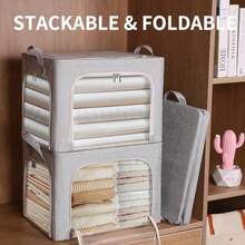 Combocube - Contenedores de almacenamiento de ropa con 3 lados con cierre y marco de metal grueso contenedores apilables y plegables para guardar ropa con tapa caja de almacenamiento de tela de lino - beige azul claro rosa - Ver 3
