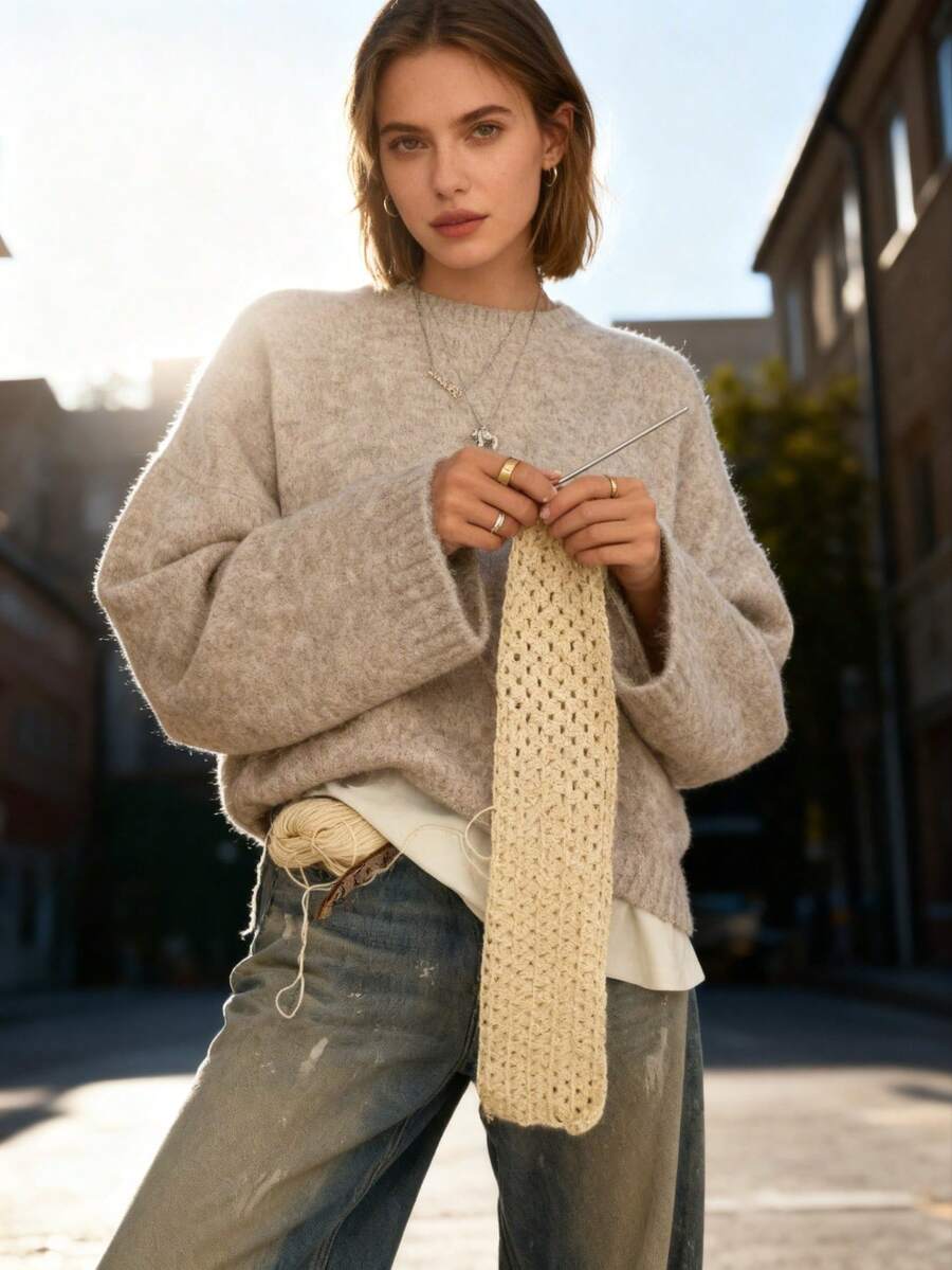 VIBEWAVE Women's Retro Round Neck Sweater, Autumn/Winter - Volcanic Gray - View 1