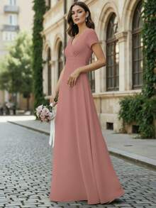 Vestido de Dama de Honor de Cuello Cruzado y Manga Corta Elegante para Mujer - Rosa Pálido - Ver 2