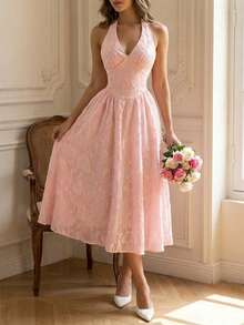 Perirose Vestido de mujer elegante de jacquard rosa con tirantes finos, escote en V profundo, cintura fruncida y largo medio. Vestido sin mangas de moda, atuendo romántico de verano - Rosa - Ver 2