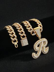 嘻哈风镶钻链，配定制草书字母吊坠，镀金项链，个性化首字母首饰 - 嘻哈字母項鍊 - 查看 16